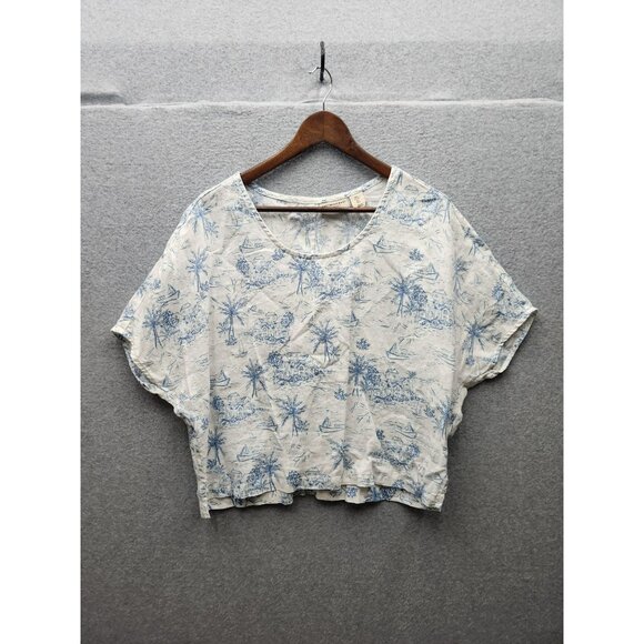 Martha Stewart Collection 100% Linen Blue & White Graphic Print Womens Top L - Picture 1 of 5
